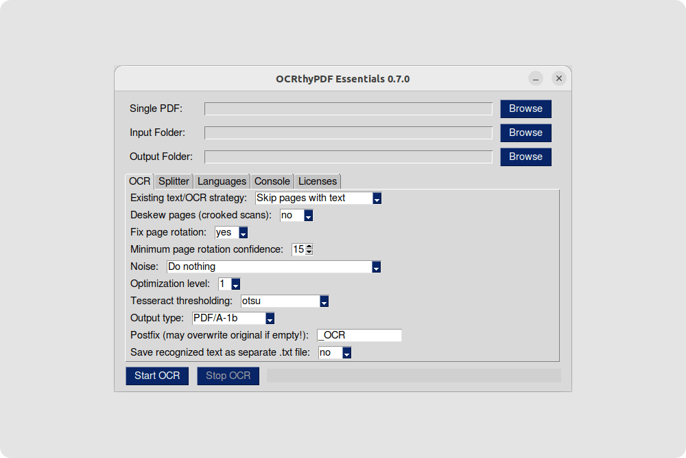 screenshot of OCRthyPDF user interface