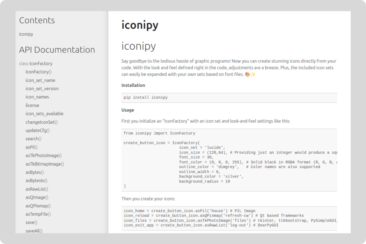 Screenshot of the iconipy API documentation / manual